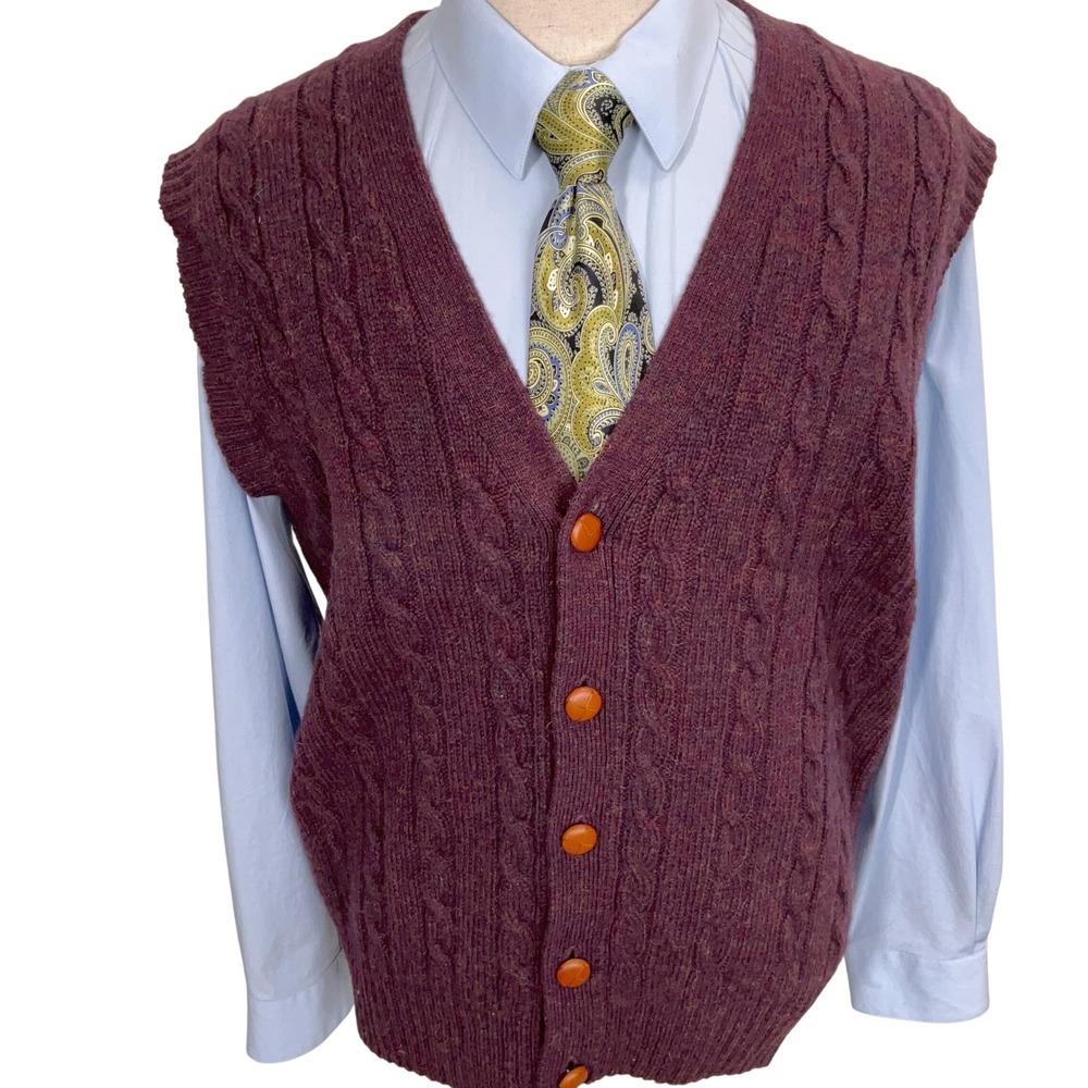 Neil‎ Martin Sweater Vest Mens Large Burgundy Marled Leather Button Cable Knit